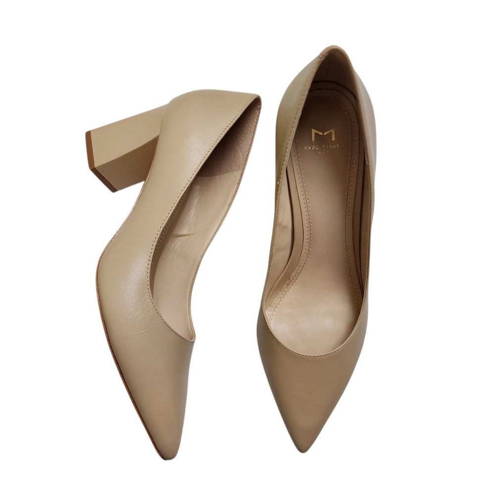 Marc Fisher Womens Zala Nude Leather Pointed Toe Block Heel Pumps Size 7.5 Work